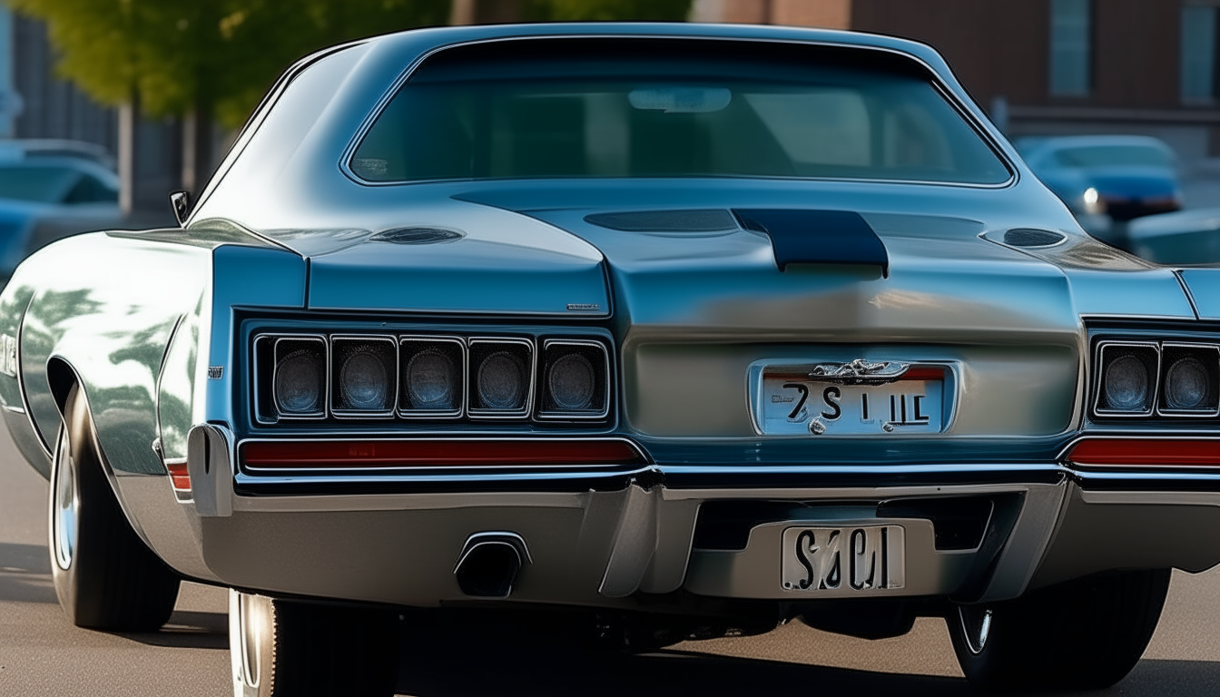 Another view of the 1970 Chevelle SS, this time from the rear showing details like its dual exhaust pipes and Chevelle badge. The classic American muscle car is parked on a street on a bright sunny day.