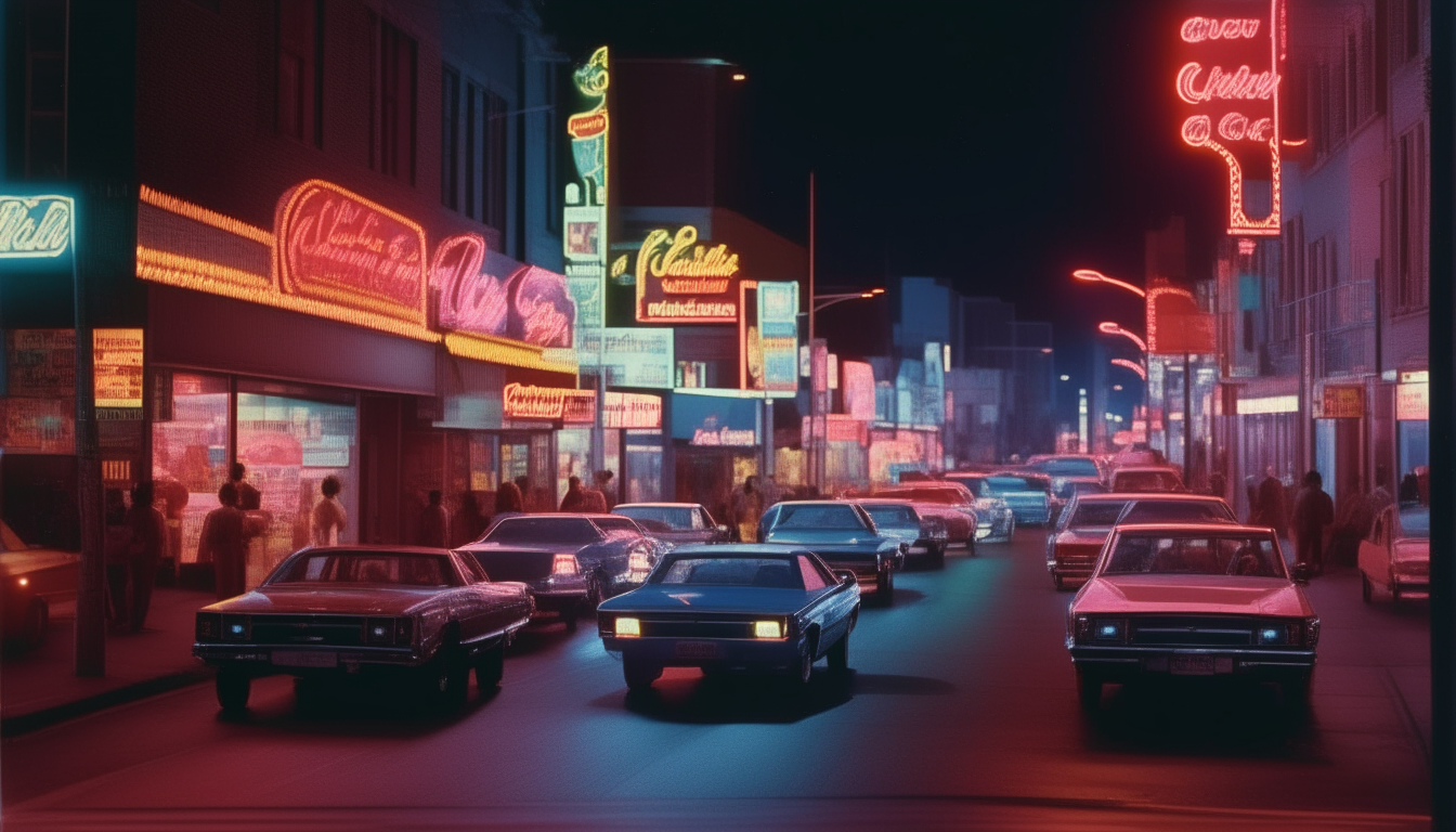 A downtown street at night in the 1980s, with brightly colored neon signs glowing above parked cars and pedestrians under streetlights