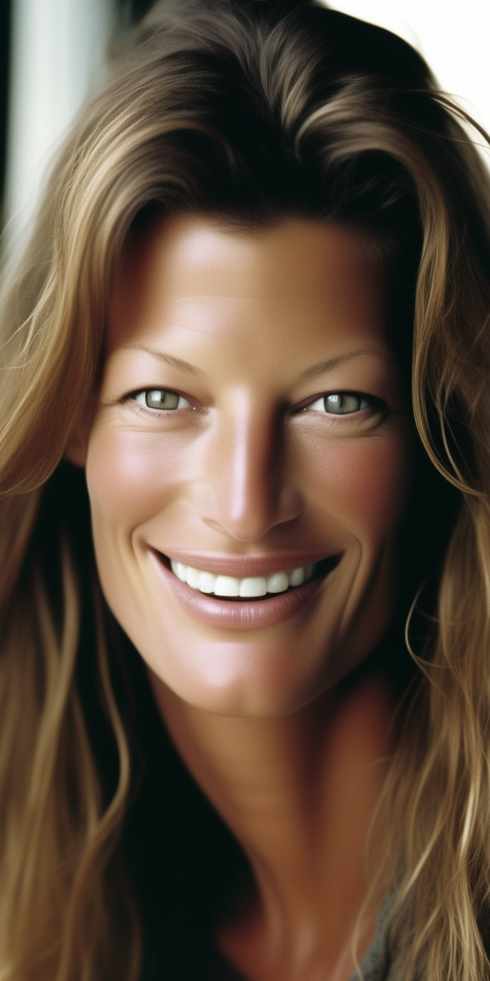 A portrait of Brazilian model Gisele Bundchen smiling and looking directly at the camera