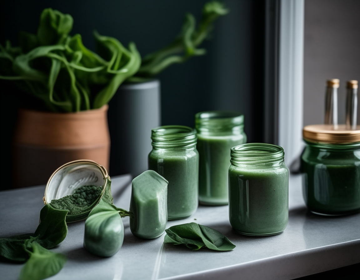 A close up view of two glass jars with green creamed spinach, with the lids on, sitting on a marble countertop