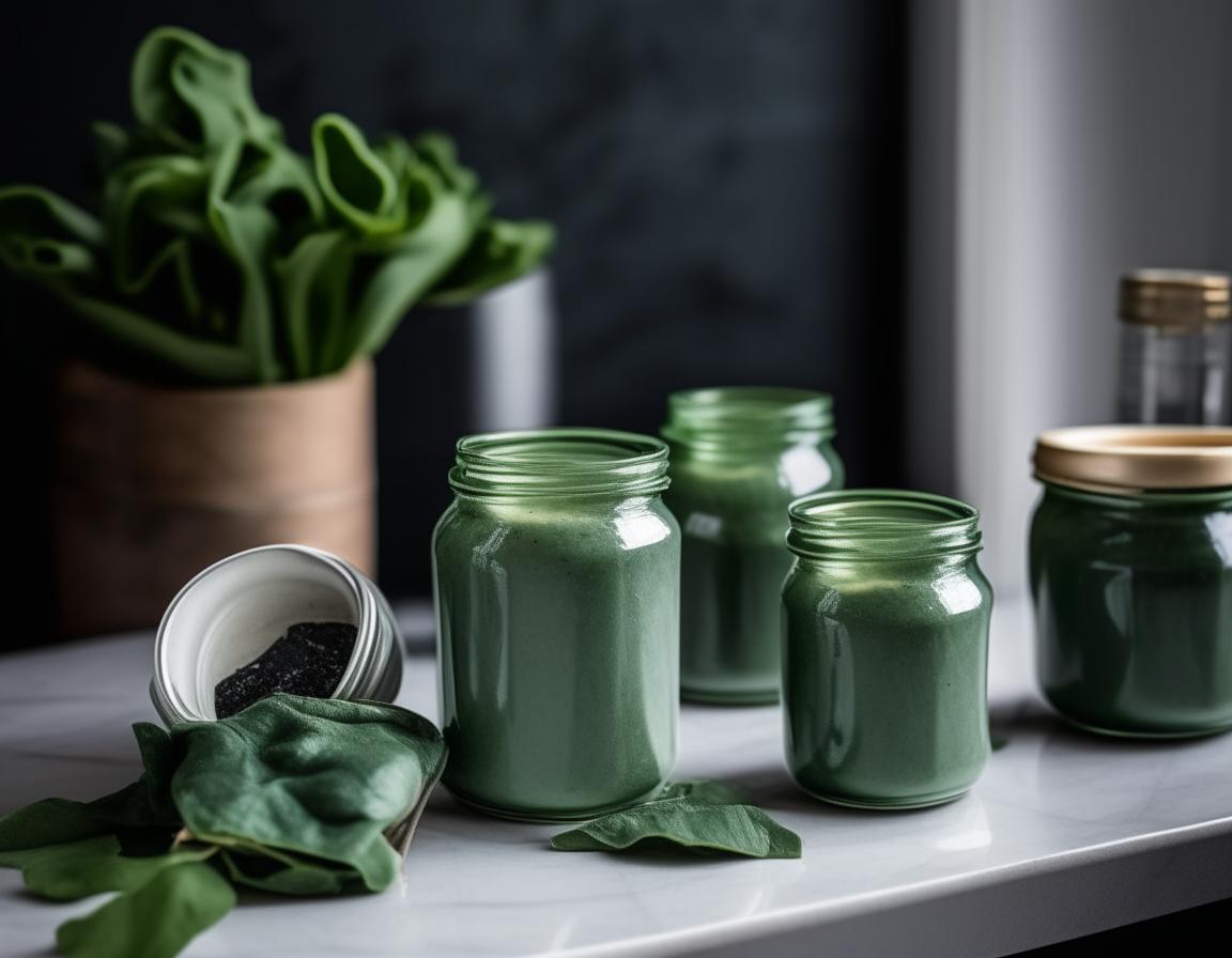 Two glass mason jars with green creamed spinach and the lids on, sitting on a marble countertop