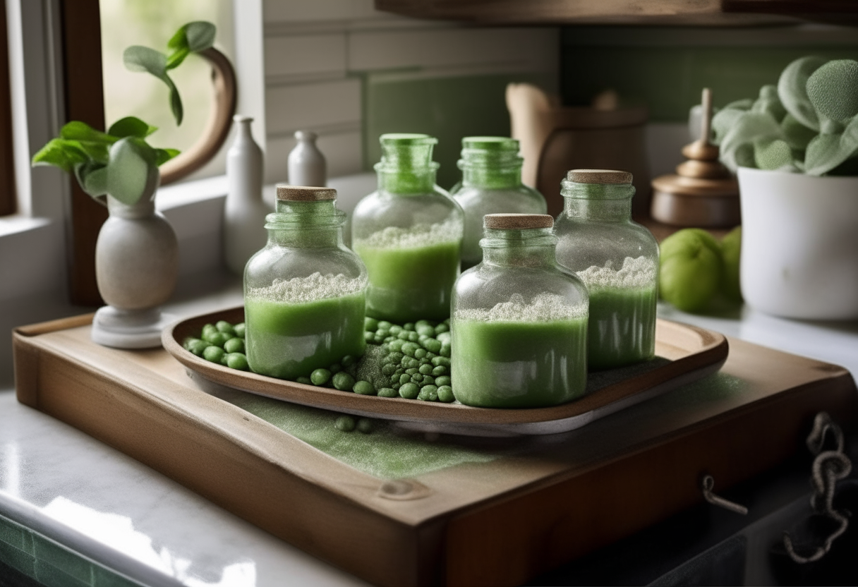 Envision a rustic farmhouse kitchen with olive-green cabinets complementing a pristine white marble countertop. On it stands a gleaming, circular glass tray showcasing several jars of Peas & Mint Preserve. The cool green of the peas, paired with the vibrant specks of fresh mint, reminds one of a lush meadow on a dewy morning. The jars, with their antique bronze lids, radiate an old-world charm, inviting you to the traditions of yesteryears. Adjacent to the tray, a hand-painted porcelain pitcher filled with freshly cut lavender lends a subtle purple contrast, harmonizing the greens. The entire scene is bathed in the serene light of twilight, lending the preserves a gentle, almost magical glow.