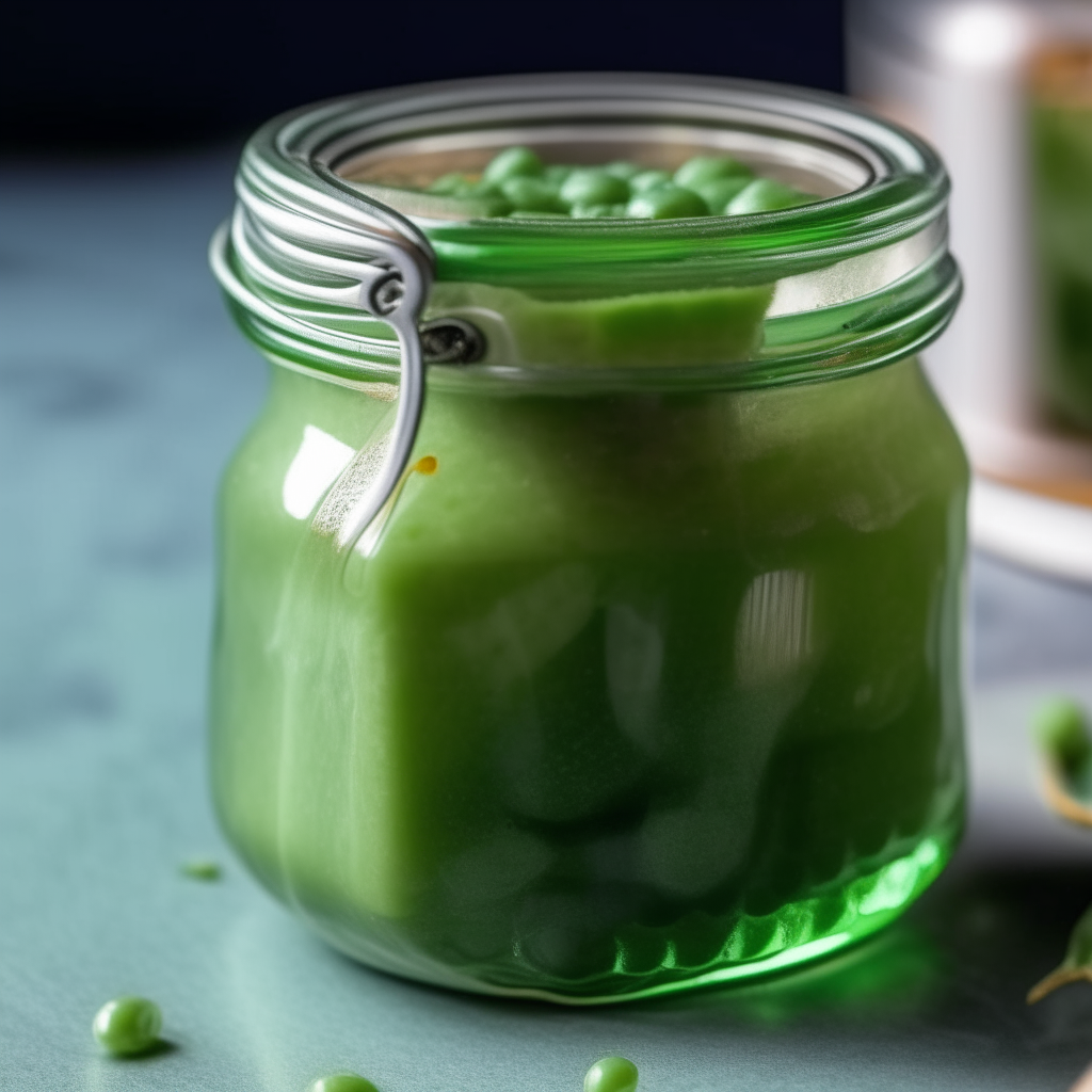 A close up photo of a glass mason jar filled with a green pea and mint preserve, with the lid sealed on top