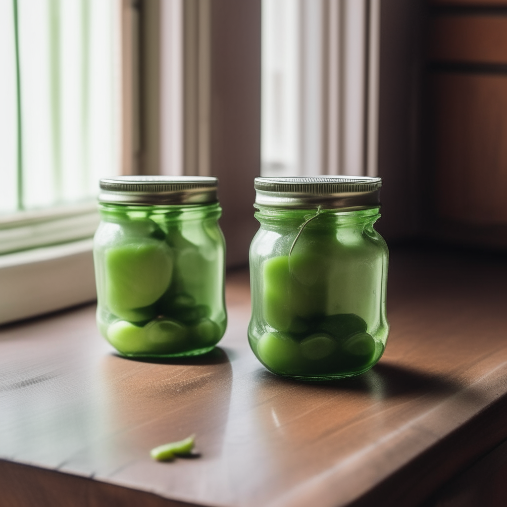 Two glass mason jars filled with a green pea and mint preserve, with the lids sealed on top, sitting on a wooden countertop in an old-fashioned rustic kitchen in Alabama