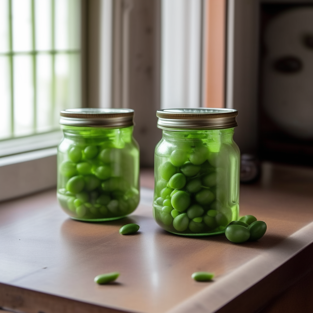 Two glass mason jars filled with a homogeneous green pea and mint preserve, with whole peas visible and the lids sealed on top, sitting on a wooden countertop in an old-fashioned rustic kitchen in Alabama