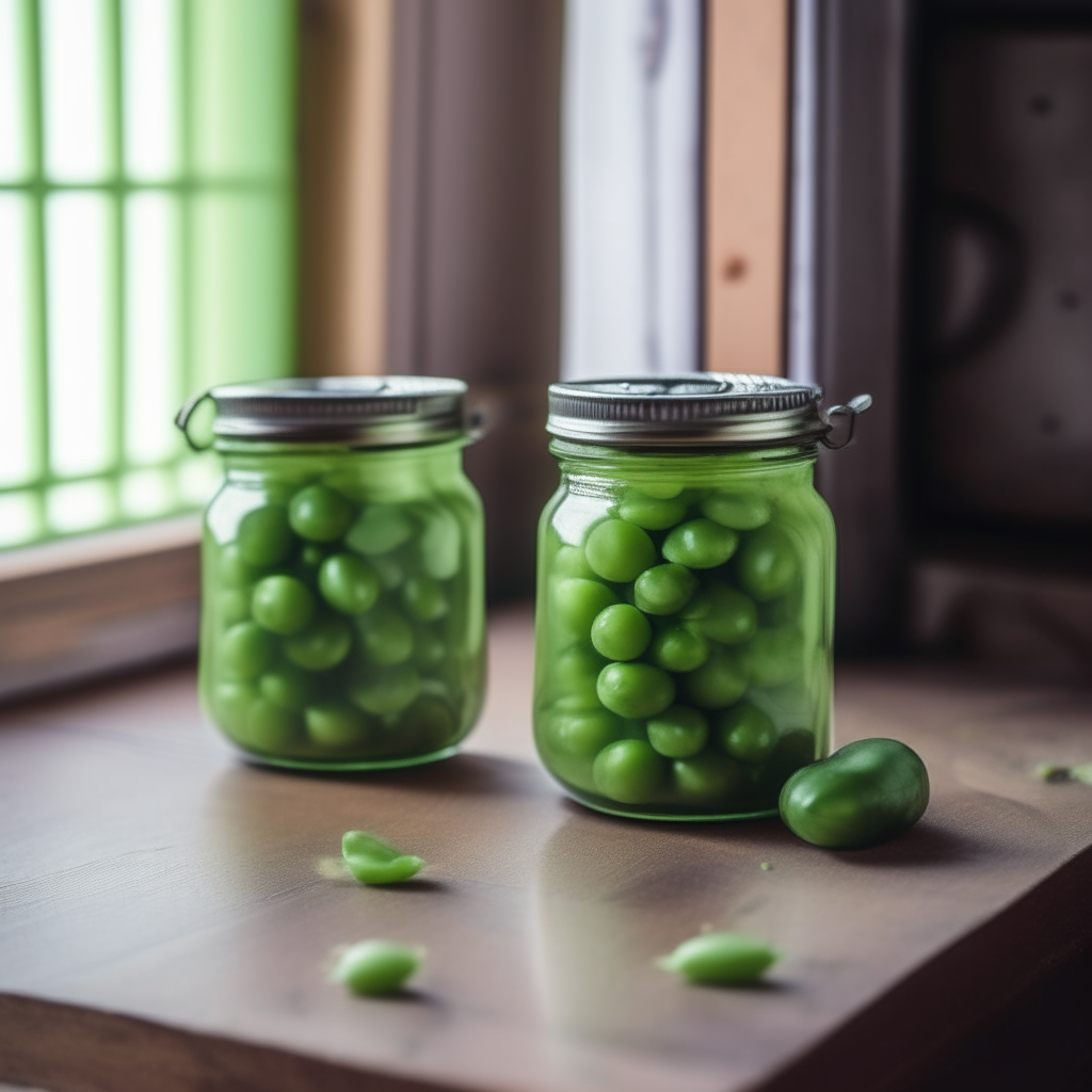 Two glass mason jars filled with a green pea and mint preserve, with smaller peas visible and the lids sealed on top, sitting on a wooden countertop in an old-fashioned rustic kitchen