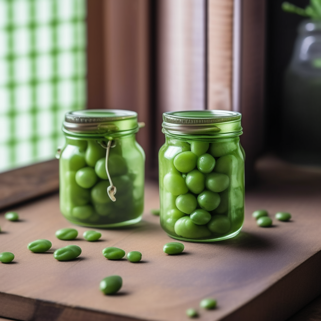 Two glass mason jars filled with a green pea and mint preserve, with tiny peas visible and the lids sealed on top, sitting on a wooden countertop