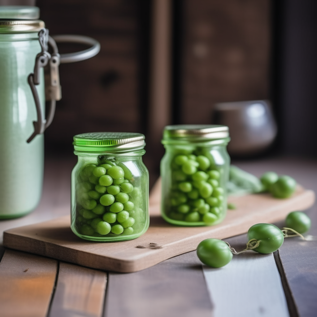 Two glass mason jars filled with a green pea and mint preserve, with tiny peas visible and the lids sealed on top, sitting on a wooden countertop in a rustic kitchen