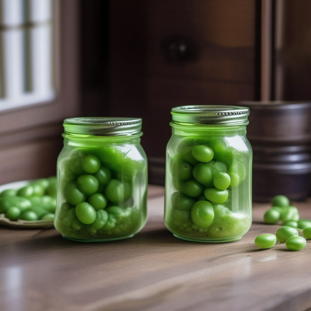 Two glass mason jars filled with a green pea and mint preserve, with tiny peas visible and the lids sealed on top, sitting on a wooden countertop in an old-fashioned rustic kitchen in Alabama