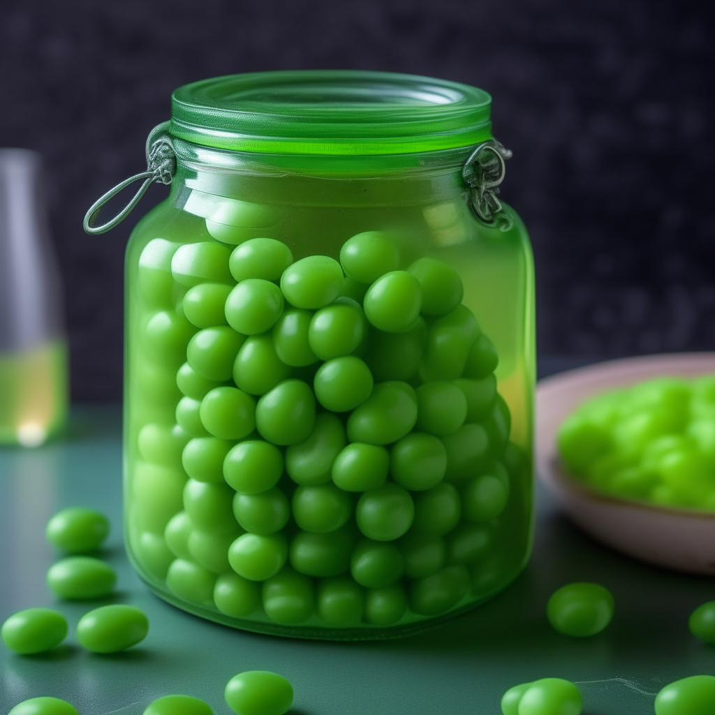 A glass mason jar filled to the brim with fresh green peas, each pea is less than 3 millimeters in size