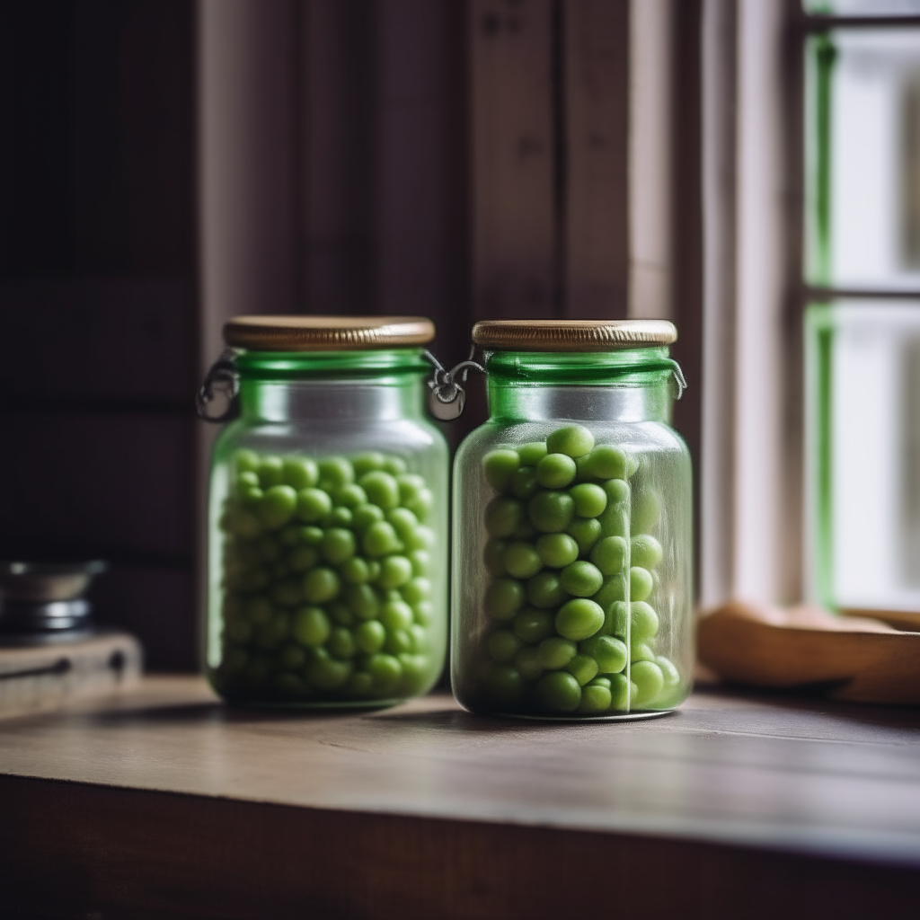 Two glass mason jars filled with tiny green peas, with lids sealed on top, sitting next to each other on a wooden countertop in an old-fashioned rustic kitchen