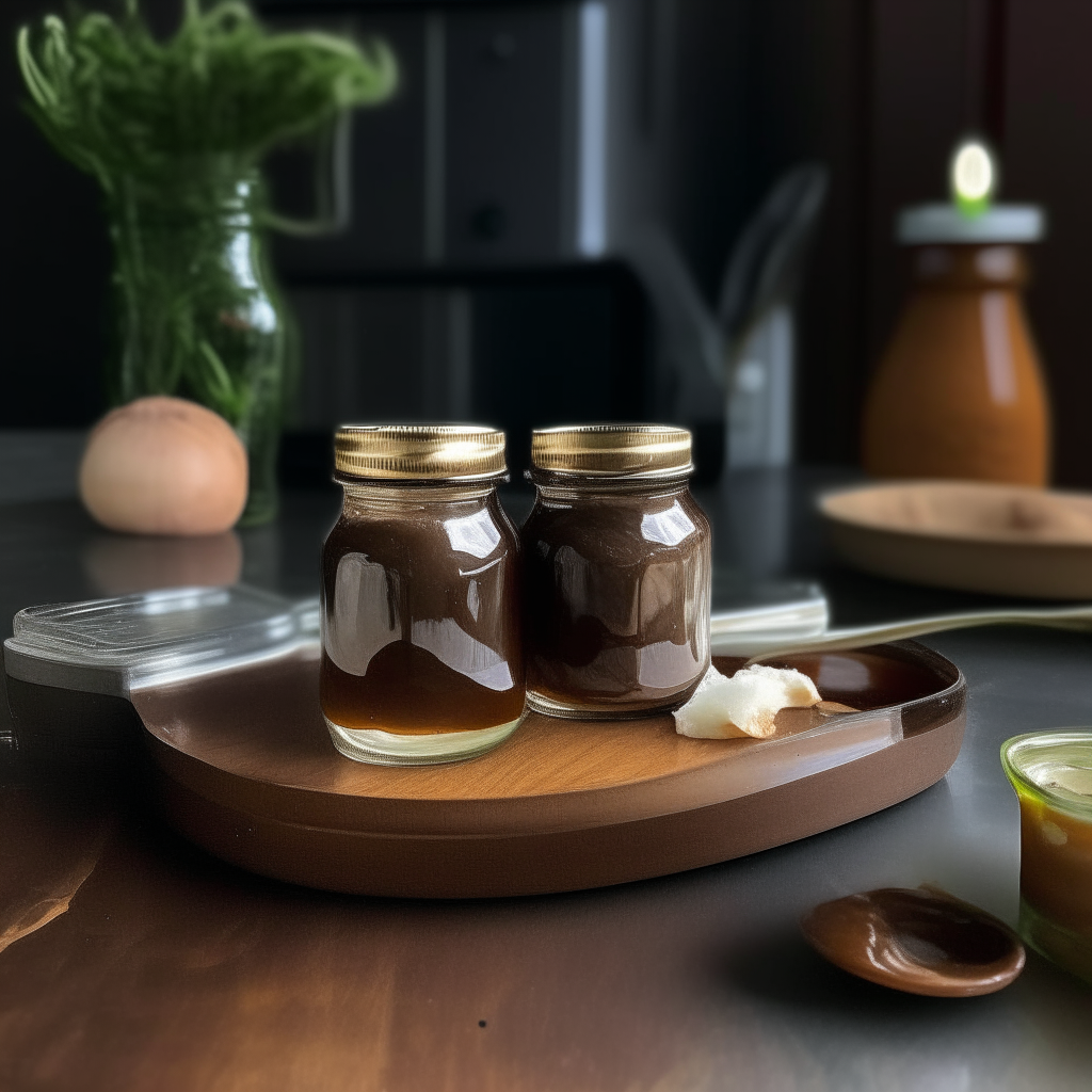 Two glass jars filled with mushroom and onion gravy preserve sitting on a kitchen countertop