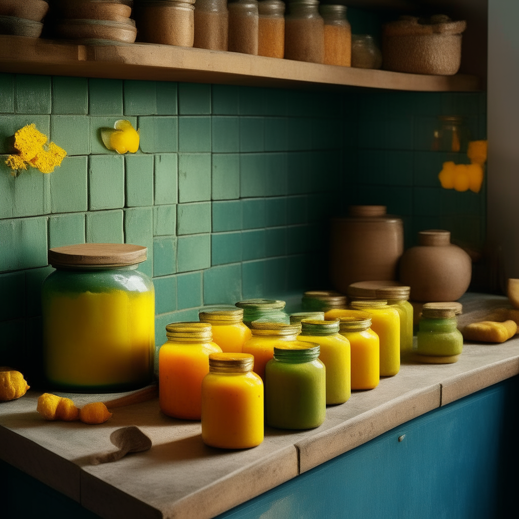 A rustic kitchen setting with vintage green tiles, where Turmeric & Cauliflower Jars stand as the stars. They're showcased on a distressed blue wooden island, their vibrant yellow contents contrasted sharply against the muted surroundings. As dawn breaks, the jars capture the first rays, making their golden turmeric tint shimmer. The jars, devoid of labels, allow the rich, creamy cauliflower bits suspended in turmeric brine to be the focal point. Nestled beside them, a cloth napkin with a vintage print and a tarnished silver spoon await a tasting. In the backdrop, a vase of wildflowers offers a delicate and soft ambiance.