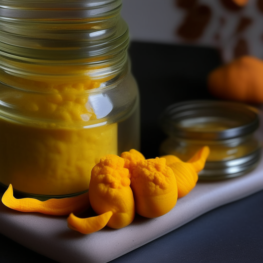 Two jars filled with turmeric and cauliflower preserve, zoomed in to occupy 40% of the frame