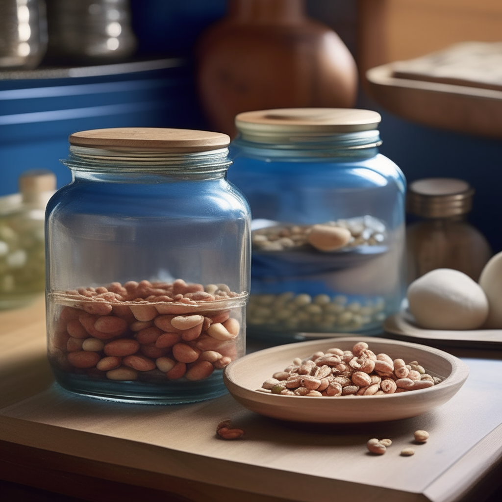 Two elegant jars of Pork & Beans Preserve perched atop a rustic blue kitchen island, their rich and hearty content shimmering under the soft glow of pendant lights. Each jar showcases a perfect layering of succulent pork chunks and plump beans, evoking the warmth of a home-cooked meal. Nearby, a vintage ceramic bowl brims with fresh beans, a hint to the preserve's main ingredient. The ambiance of the scene is one of comfort, the kind that envelops you on a cold day, with the jars acting as the stars of a cozy, country-inspired kitchen.