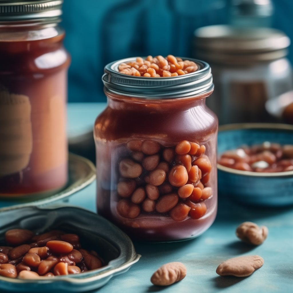 Two glass mason jars filled with pork and beans preserve, with chunks of pork and beans clearly visible inside, sitting on a blue countertop in a rustic kitchen