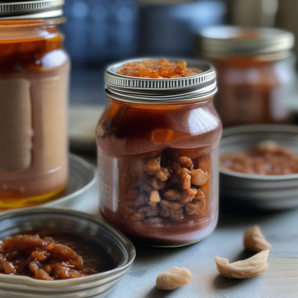 Two glass mason jars filled with pork and bean preserve, with small pork cubes visible inside, and the lids sealed on top