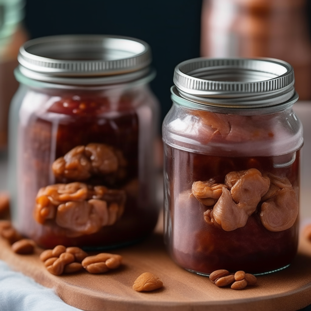 Two glass mason jars filled with pork and bean preserve, with pork cubes and beans clearly visible inside, and the lids sealed on top