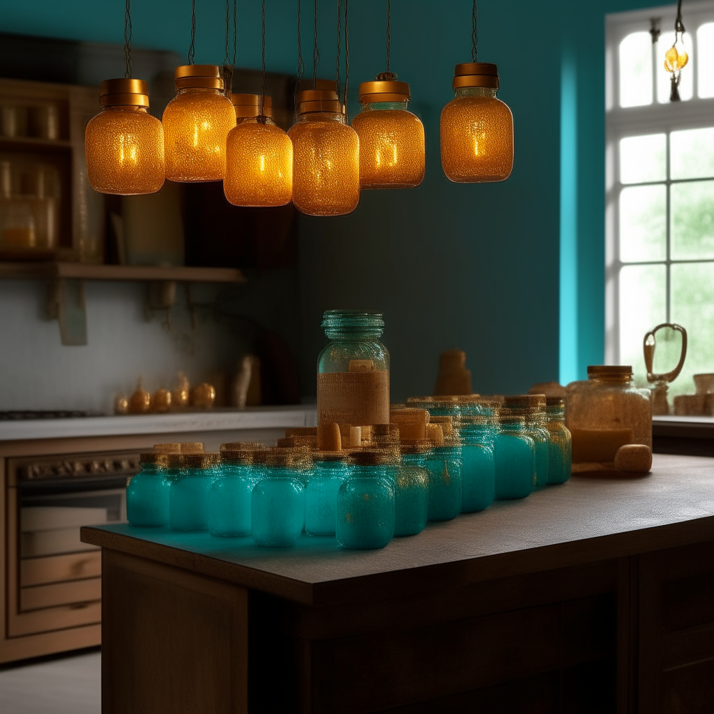 A rustic teal kitchen island, bathed in the gentle glow of pendant lights, showcases an enticing array of Chicken Curry Preserve jars. Each jar stands proud, their golden-hued contents hinting at the rich flavors within, while a faint steam rises from a recently opened jar nearby. The golden curry contrasts beautifully with the deep teal of the island. A hand-written label on one jar reveals its intriguing title, while scattered around are fresh ingredients: a sprig of cilantro, a red chili, and a small bowl of turmeric. In the background, faded yet discernible, is a classic ceramic stove, waiting for its next culinary adventure.