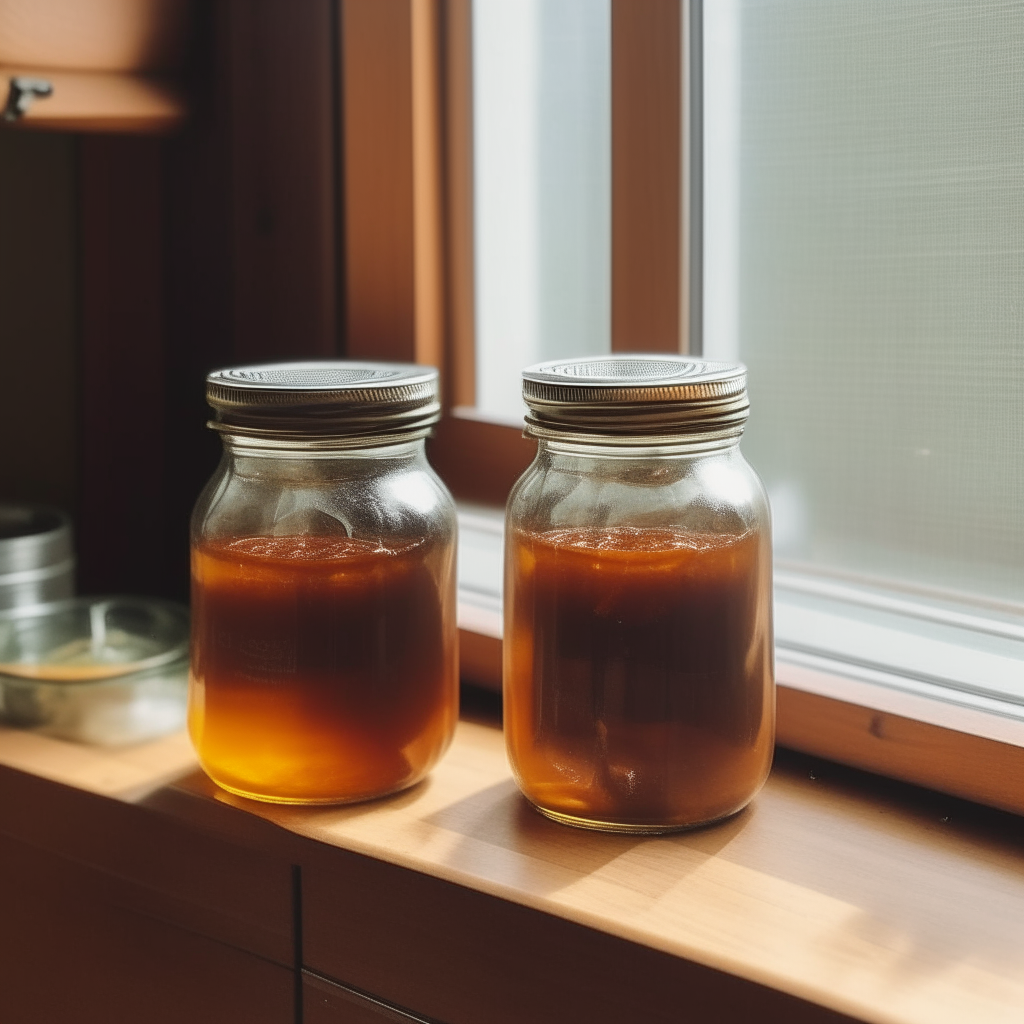 Two glass jars filled with chicken curry preserve, with lids sealed on top, sitting next to each other on a wooden countertop in a traditional Japanese kitchen