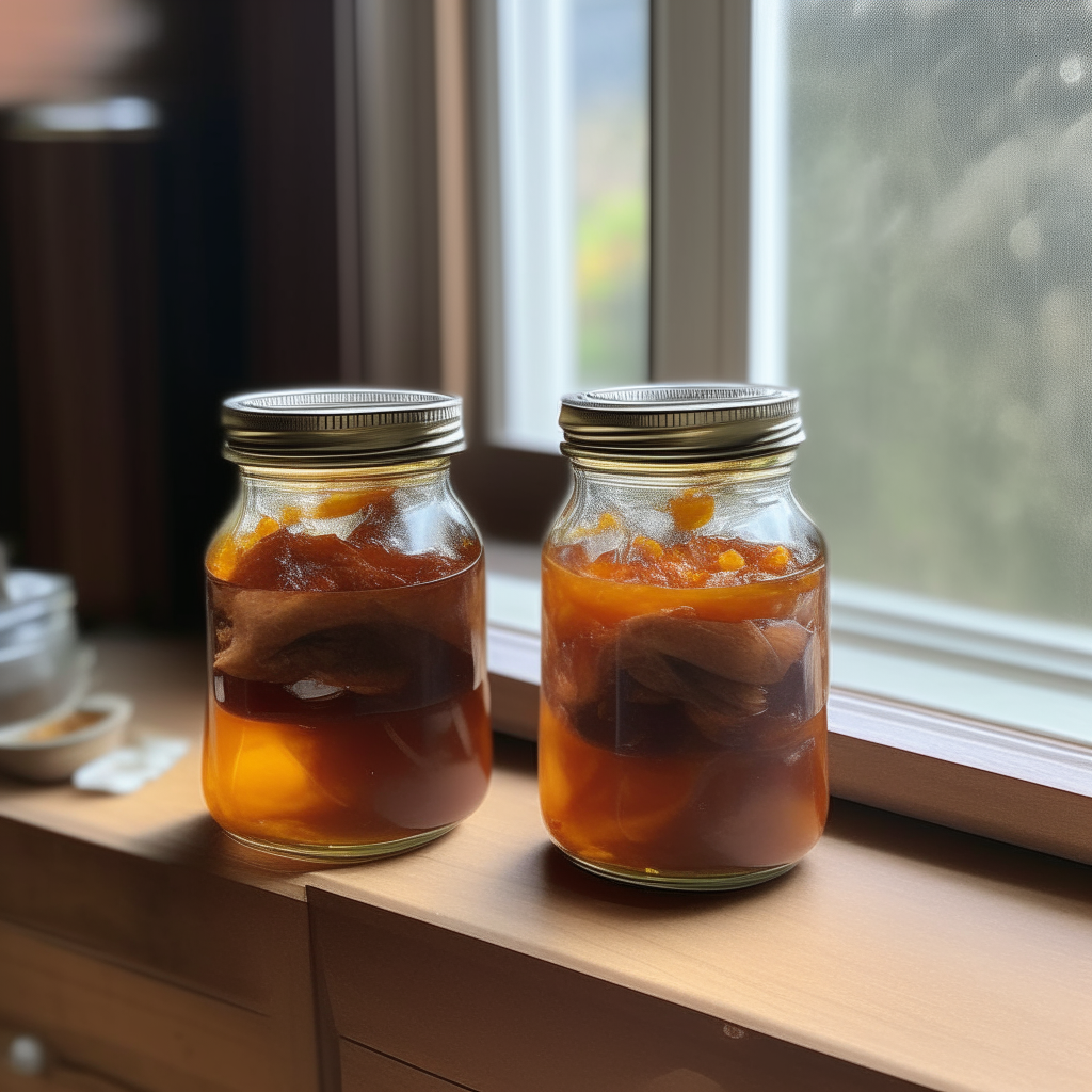 Two glass jars filled with chicken curry preserve, with visible pieces of chicken inside, and lids sealed on top, on a wooden countertop