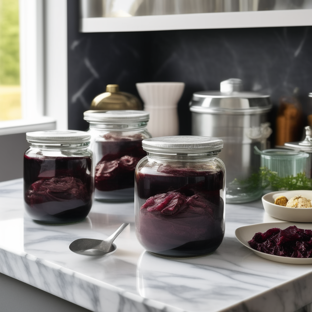 Inside a chic modern kitchen with black marble countertops and steel accents, two glossy jars stand tall filled with rich, burgundy-hued Barbecue Pulled Pork Preserve, with strands of pork visible through the glass