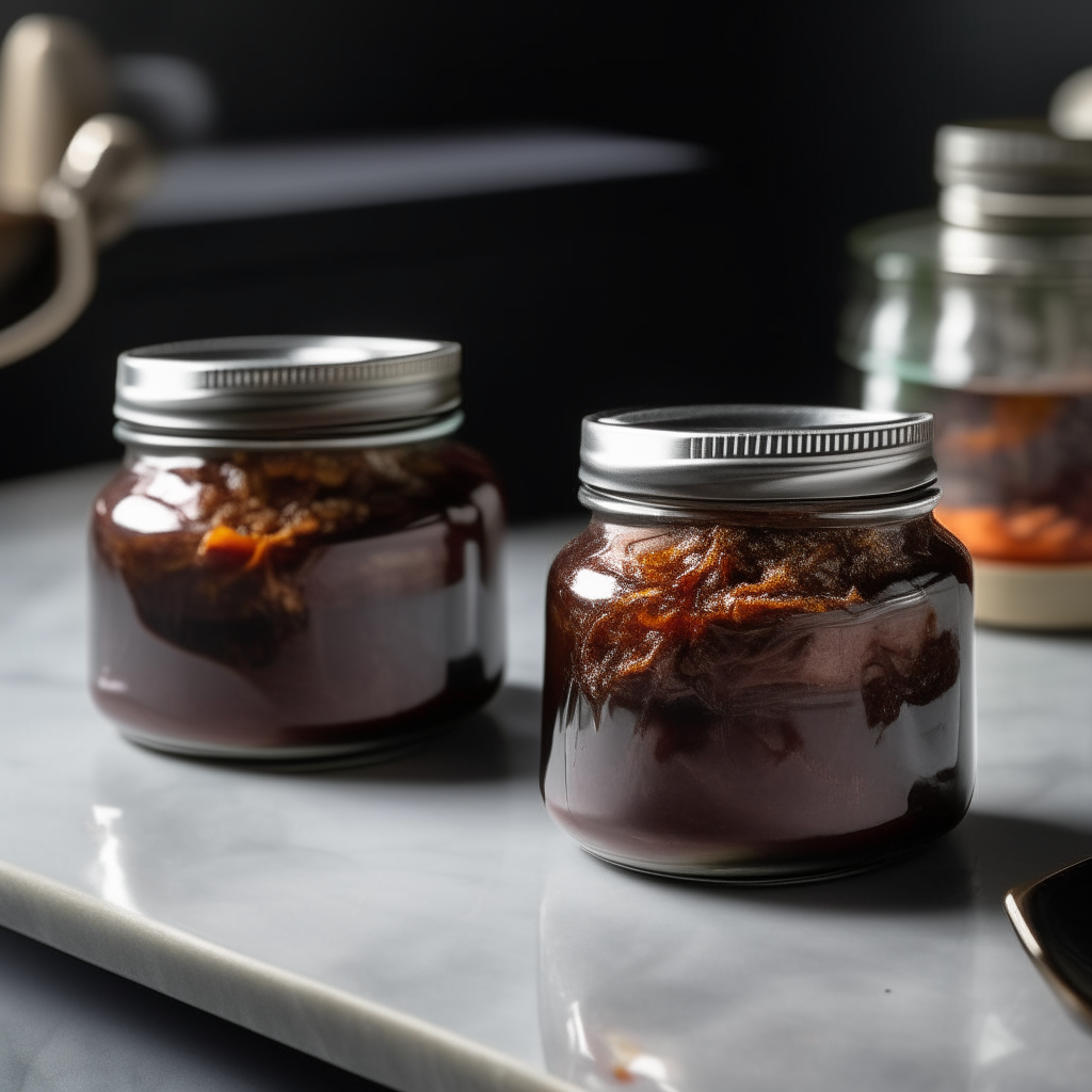 Two jars filled with barbecue pulled pork preserve sitting on a black marble countertop in a modern kitchen, with pieces of pulled pork visible inside