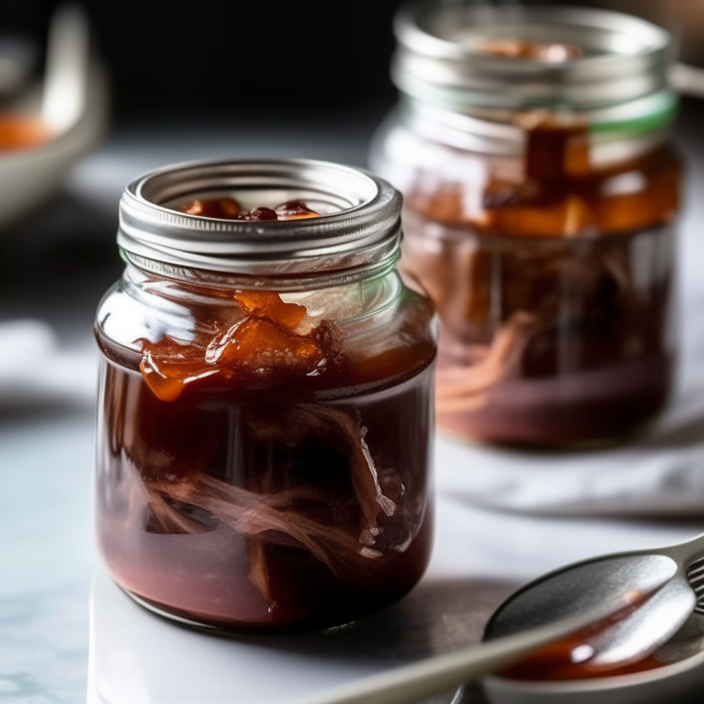 Close up of two glass jars filled with barbecue pulled pork preserve on a kitchen countertop, with shredded pork visible inside and a silver spoon next to one jar