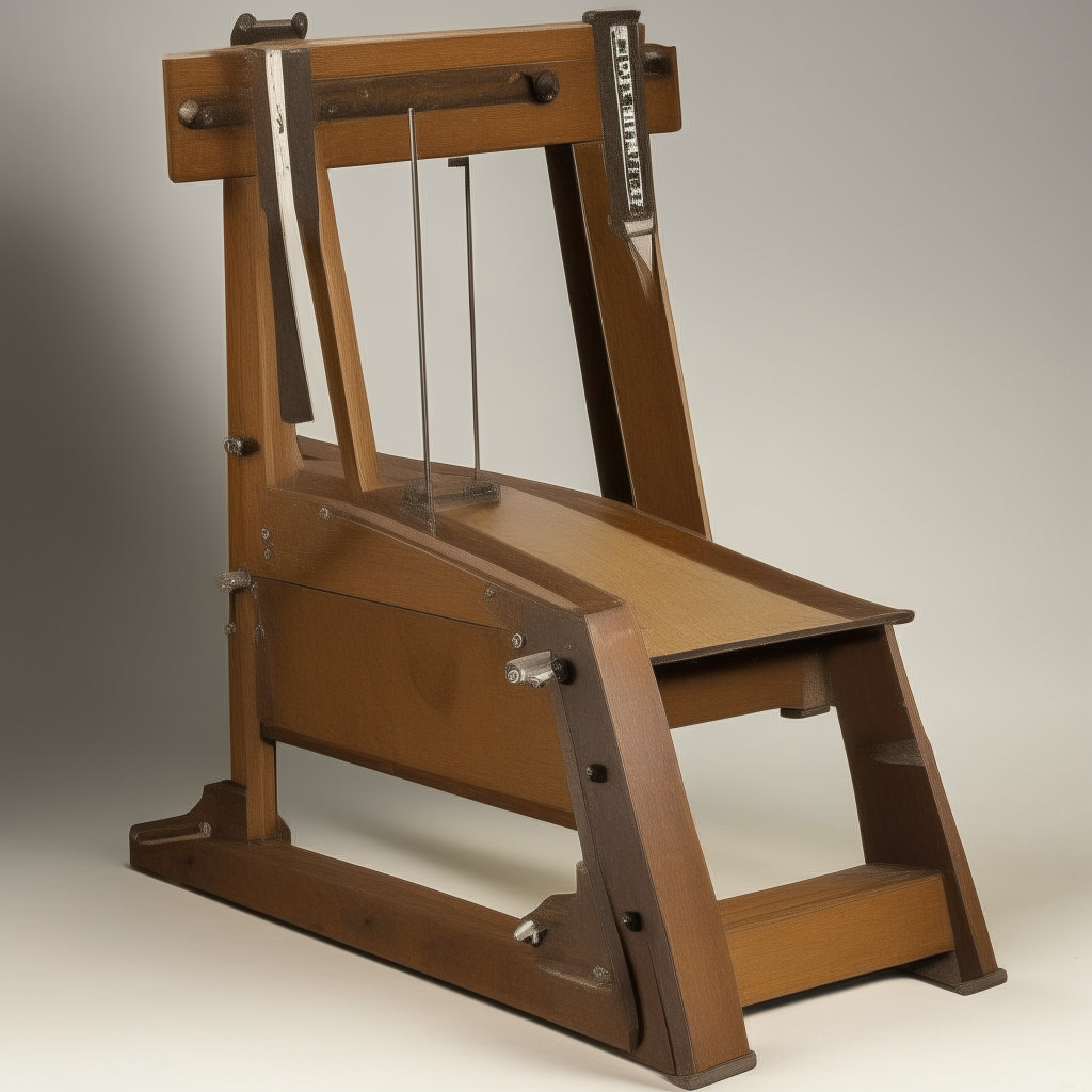 An antique French guillotine made of wood and metal, with a sharp angled blade