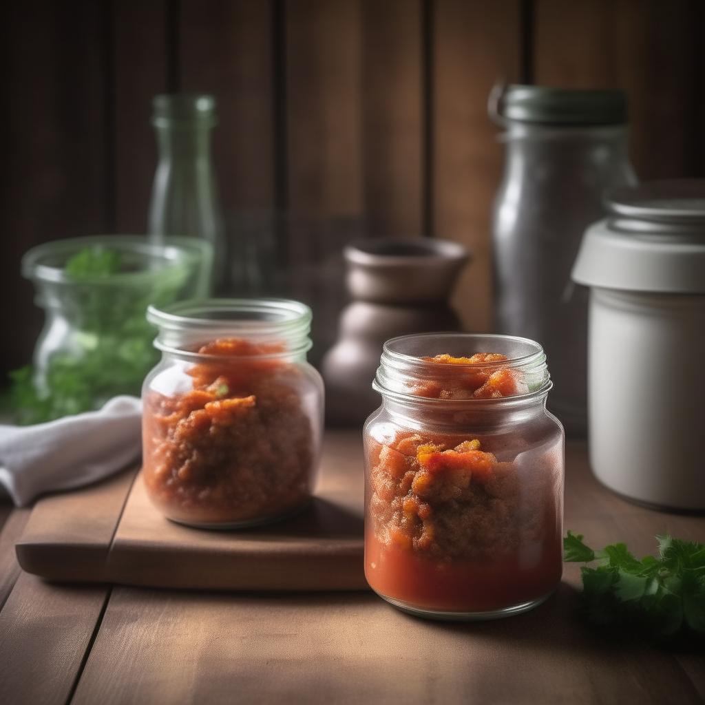 Two glass jars filled with sausage and tomato ragu, with visible sausage bits, on a weathered oak table in a rustic kitchen