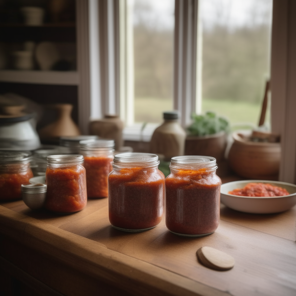 Jars of homemade sausage and tomato ragu, with chunks of sausage, on an old oak table in a cottage kitchen