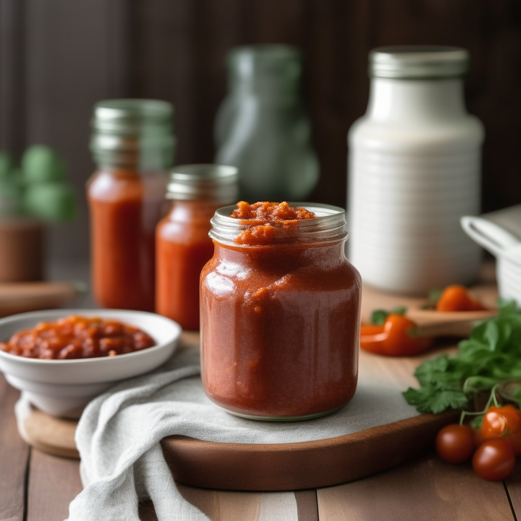 Mason jars filled with hearty sausage and tomato sauce, with sausage bits, on a distressed wooden table in a cozy kitchen