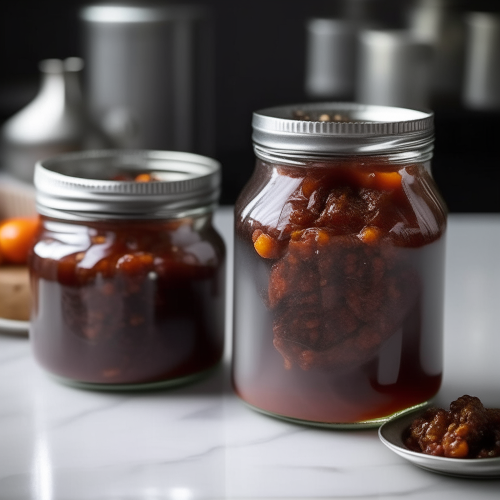 Two glass jars filled with beef chili preserve, with beef chunks and beans visible inside, on a gray countertop next to a stove