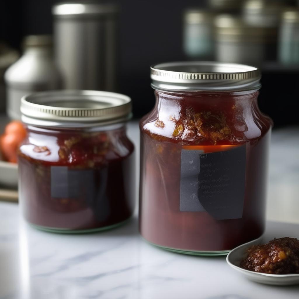 Two glass jars filled with beef chili preserve, with lids sealed on top, on a gray countertop next to a stove