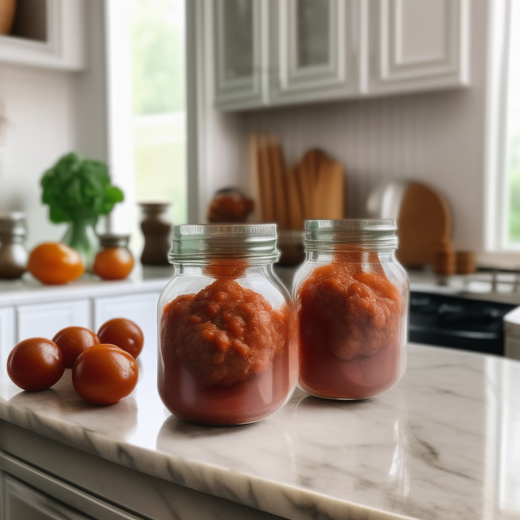 Two glass jars filled with marinara sauce and meatballs on a retro kitchen counter