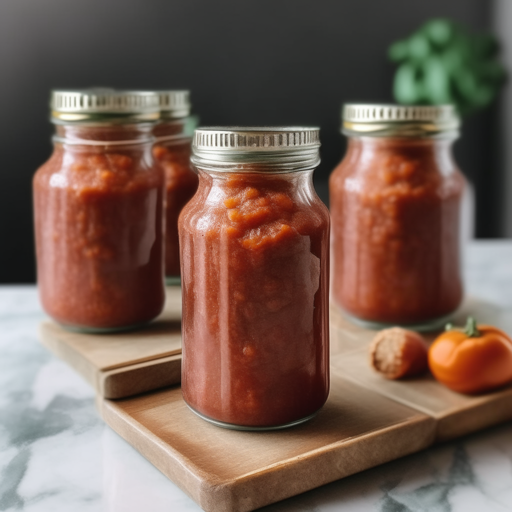 Jars of homemade marinara sauce with meatballs inside on a vintage tiled countertop