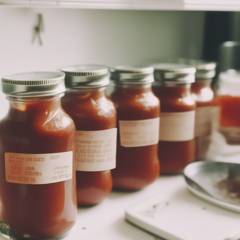 Mason jars filled with tomato sauce and meatballs, with handwritten labels, on a retro kitchen counter