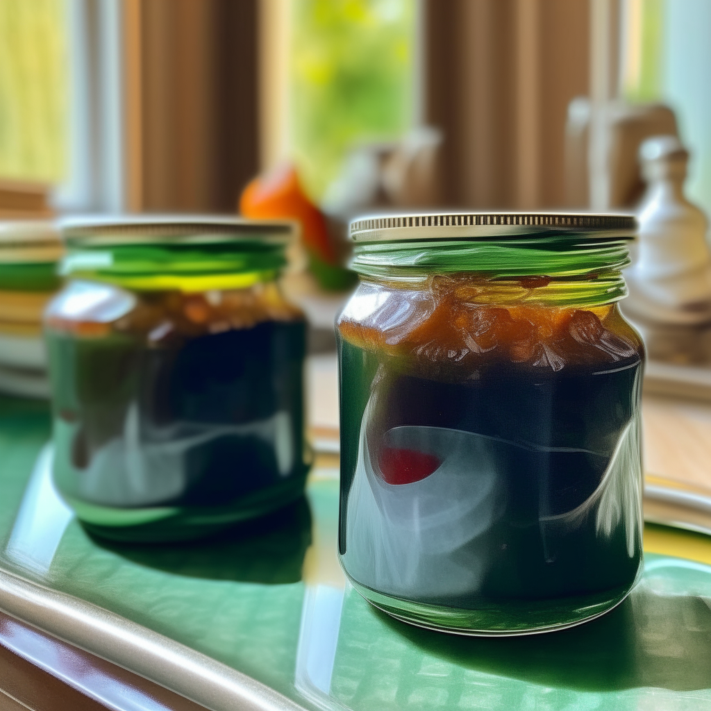 Two glass jars filled with Osso Buco preserve on a green kitchen counter