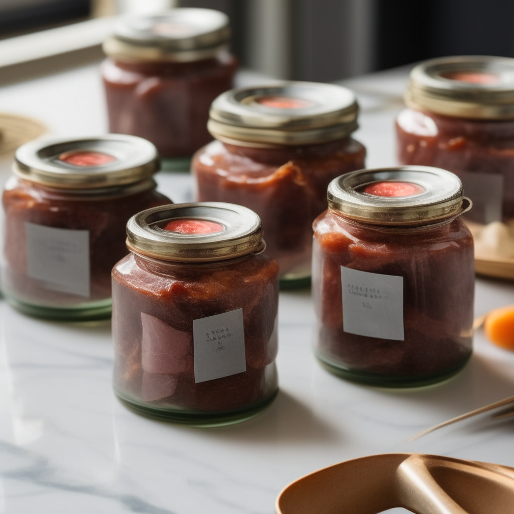 Jars of Osso Buco preserve with visible meat pieces inside on a marble countertop