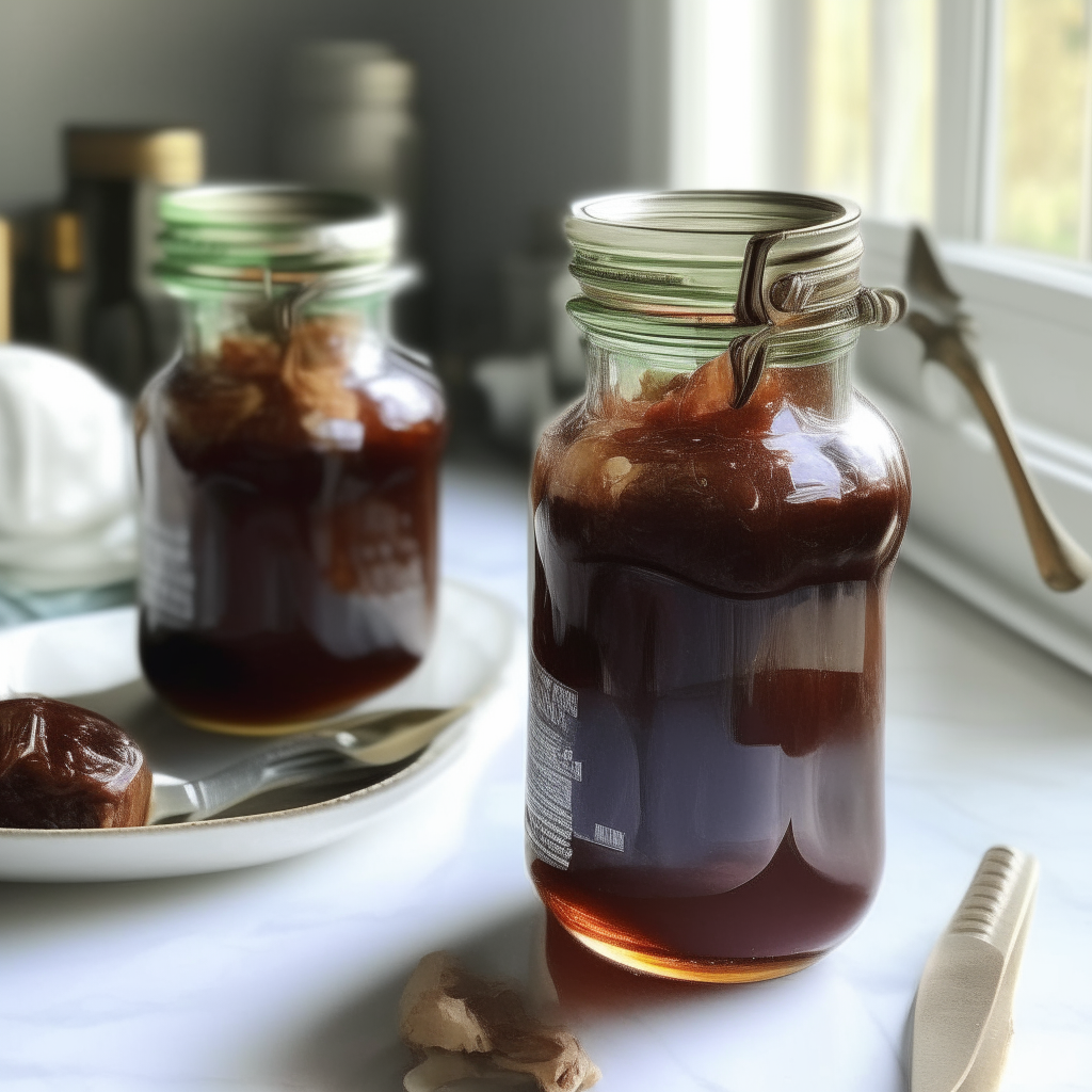 Two glass jars filled with lamb shank preserve on a kitchen counter