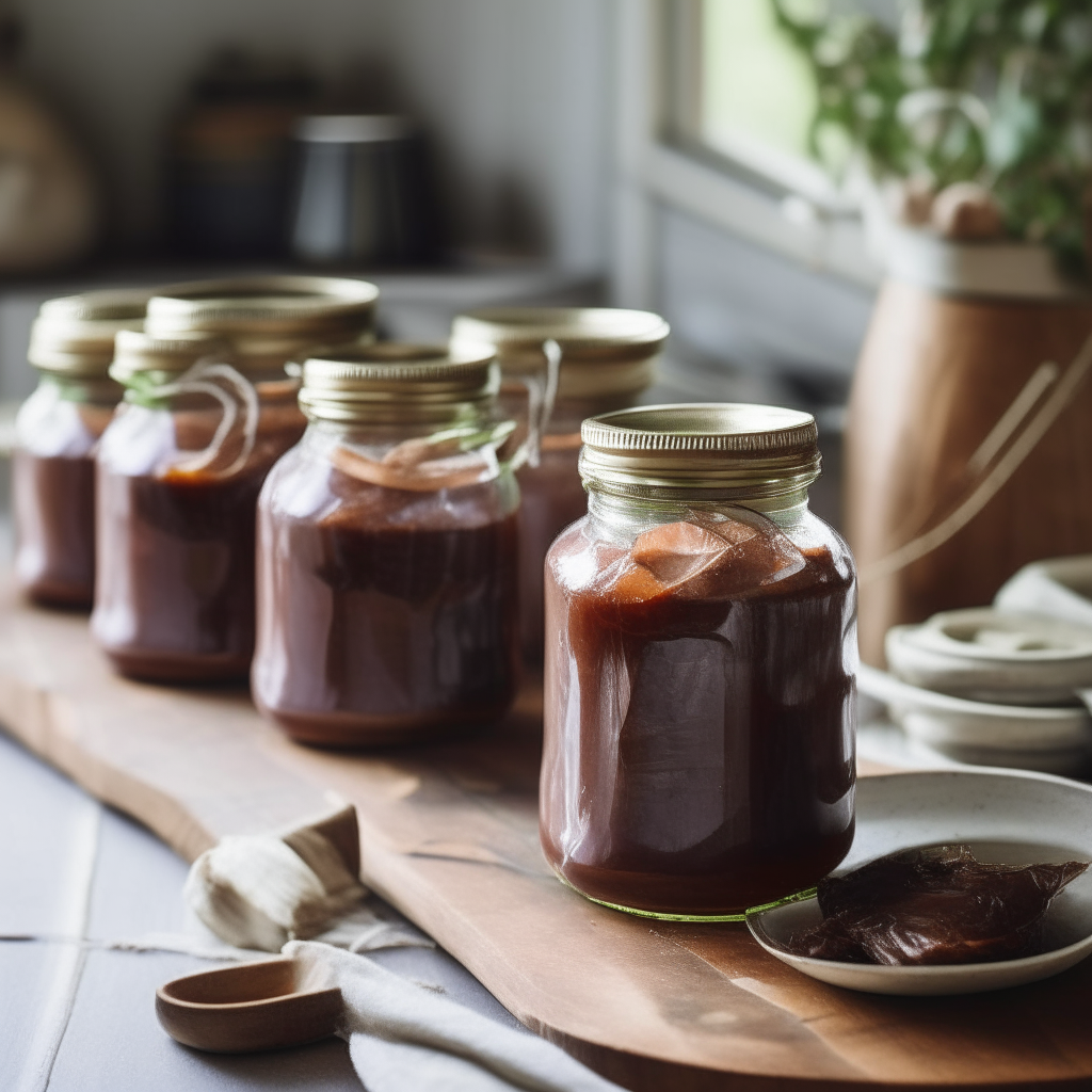 Jars of homemade lamb shank preserve on a rustic kitchen counter