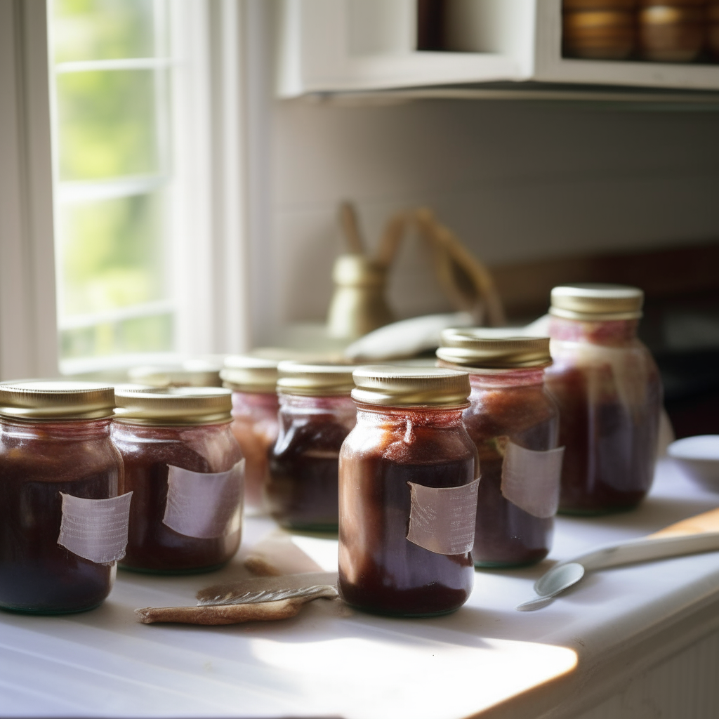 Mason jars of lamb shank preserve on a farmhouse kitchen counter