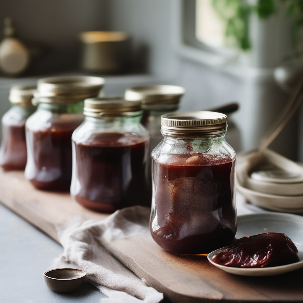 Three glass jars filled with lamb shank preserve on a rustic kitchen counter