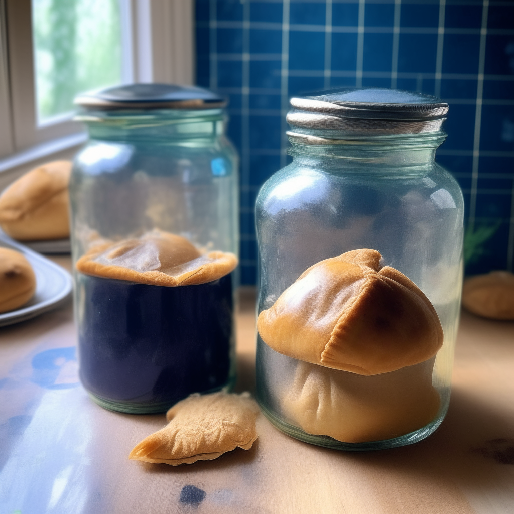 Two glass jars filled with Cornish pasty filling, on a blue farmhouse kitchen counter