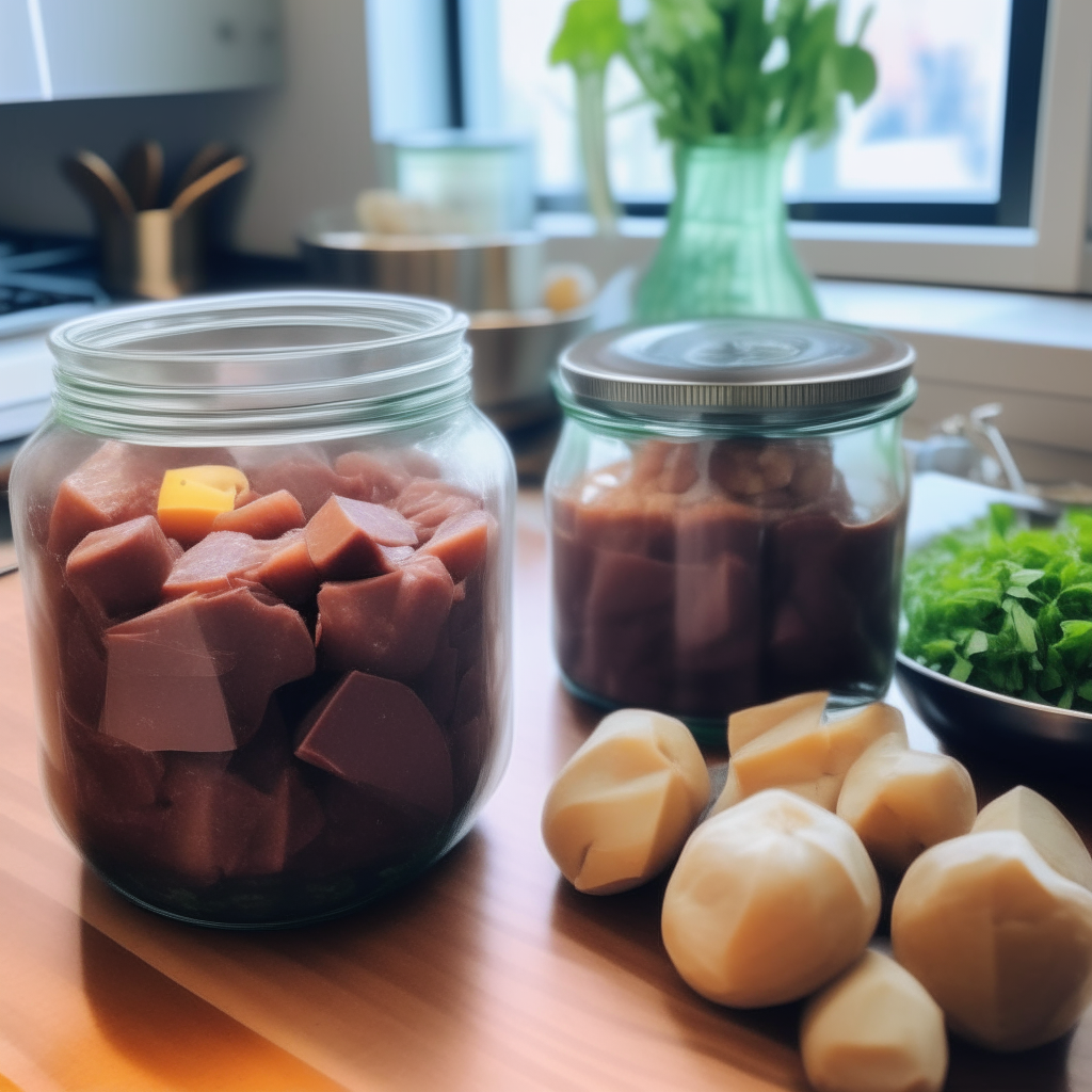 Two glass jars filled with diced beef, potatoes, onions and turnips on a blue farmhouse kitchen counter