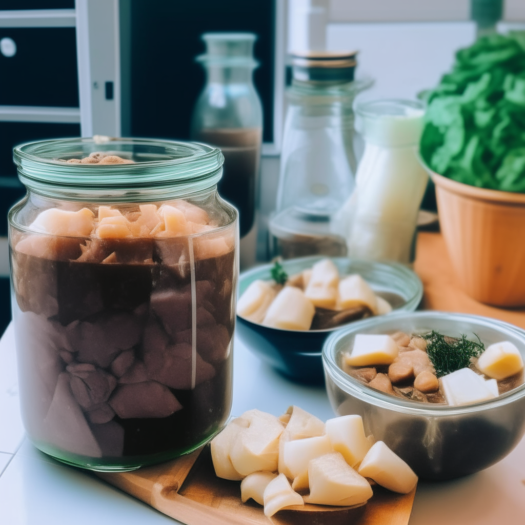 Two glass jars filled with finely chopped beef, potatoes, onions and turnips in broth on a blue farmhouse kitchen counter