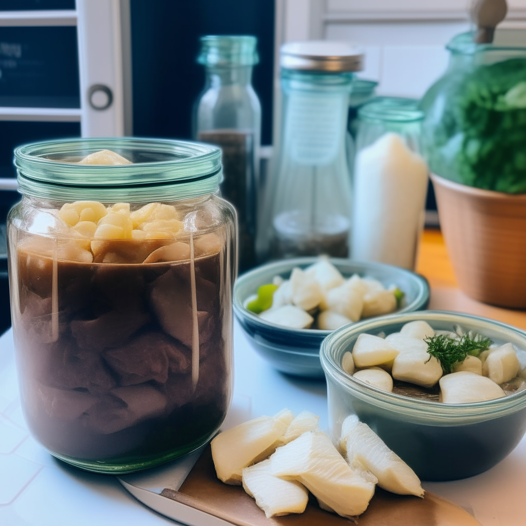 Two glass jars filled with finely chopped beef, potatoes, onions and turnips in broth, with lids sealed on top, on a blue farmhouse kitchen counter