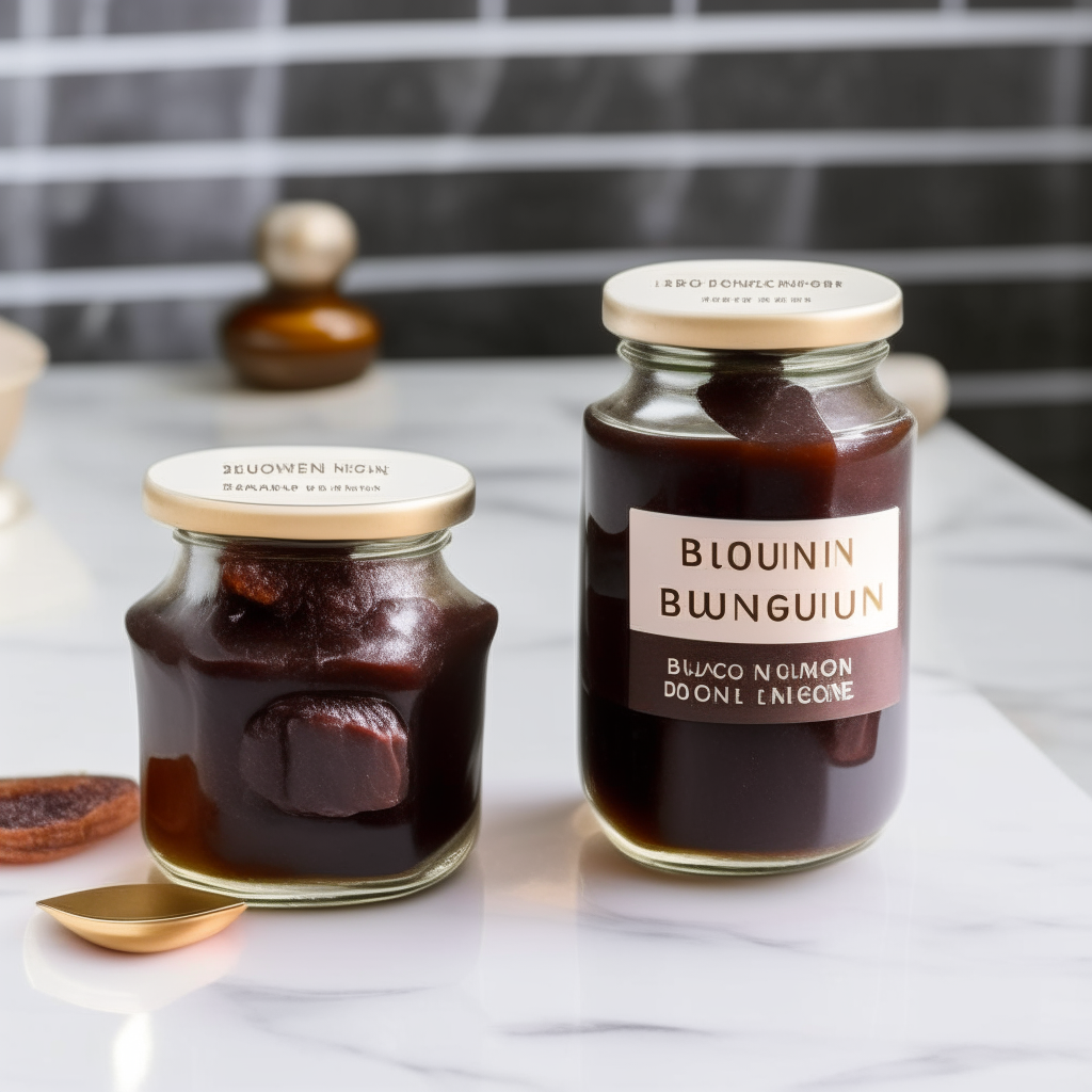 Two jars labeled Beef Bourguignon Preserve on a marble counter