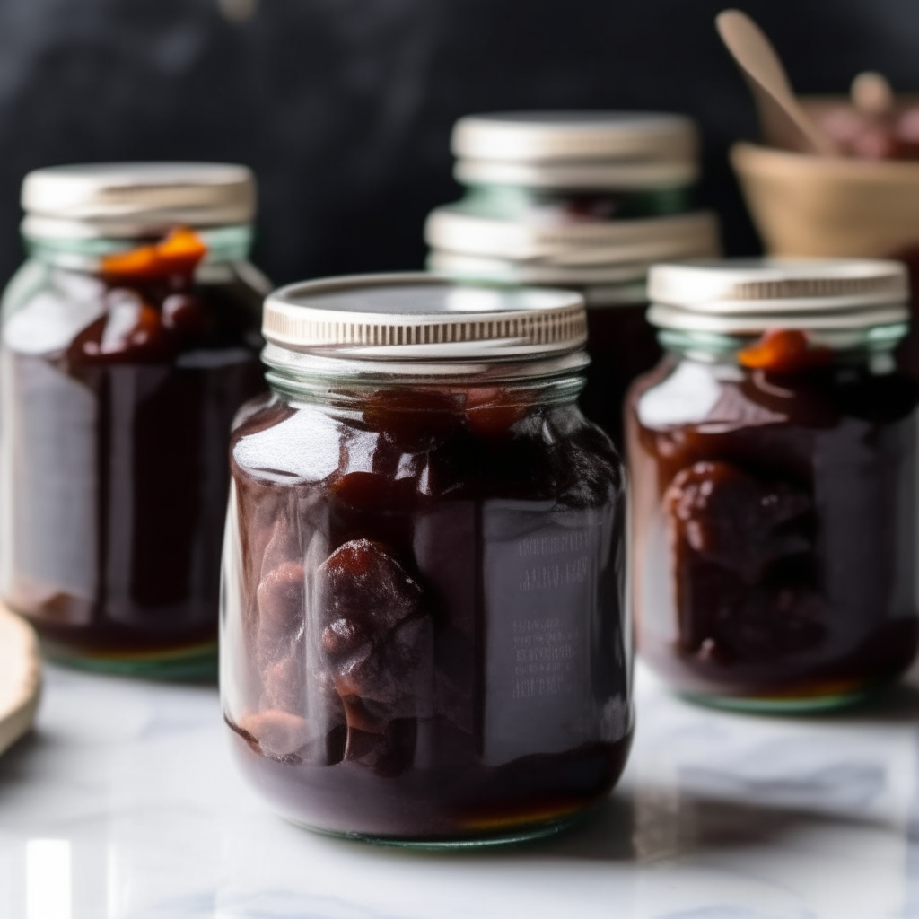 Jars of homemade Beef Bourguignon Preserve on a gray marble counter