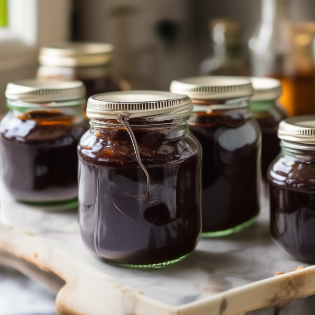 Glass jars filled with Beef Bourguignon Preserve on a kitchen island